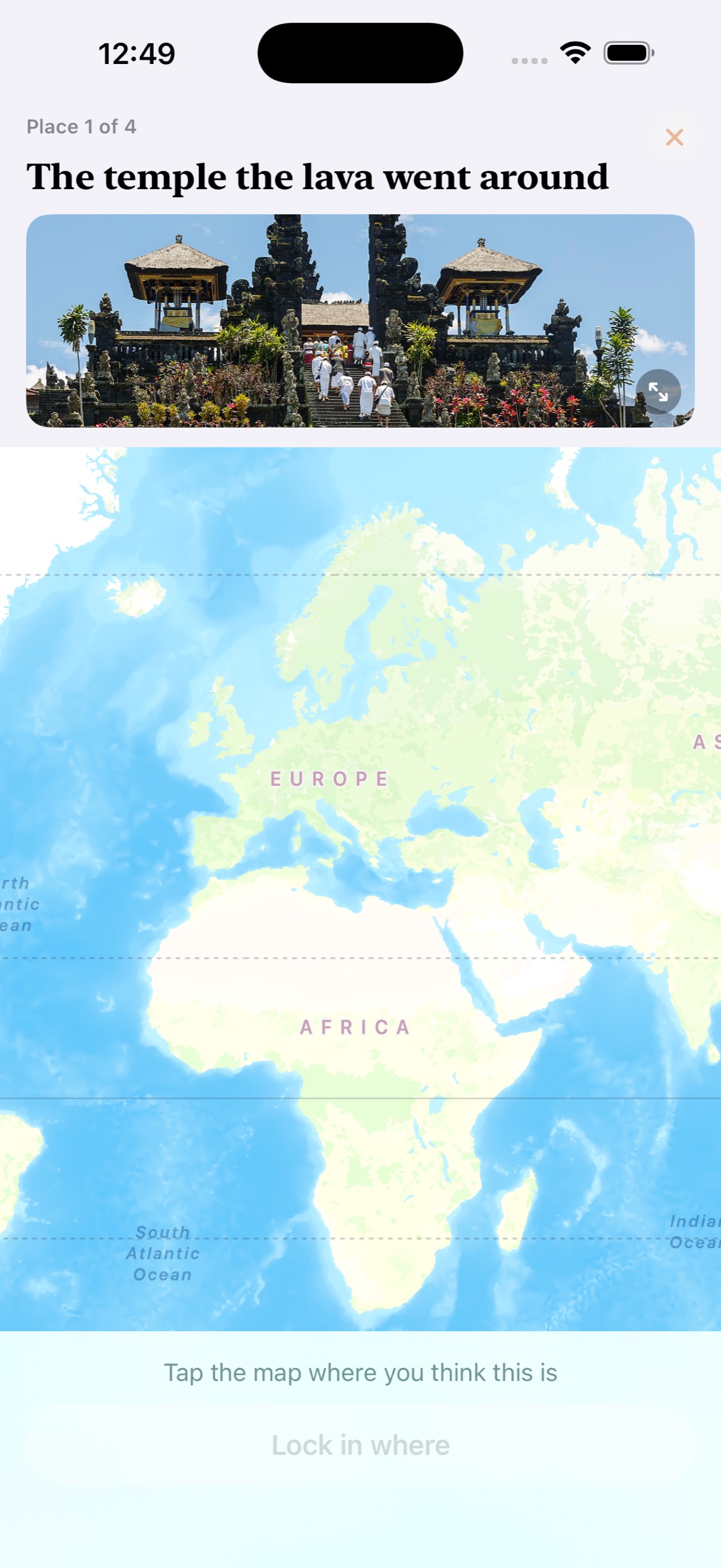 Everywhen - guessing where: dropping a pin on the world map