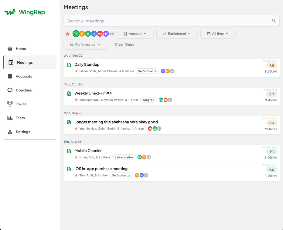 WingRep - the Meetings dashboard with per-meeting performance scores, filters, and attendees