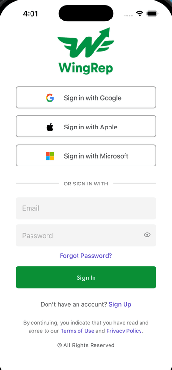 WingRep - the iOS app sign-in screen